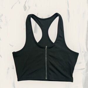 Black Zip-Front Sports Bra – Ribbed Racerback, Size Small